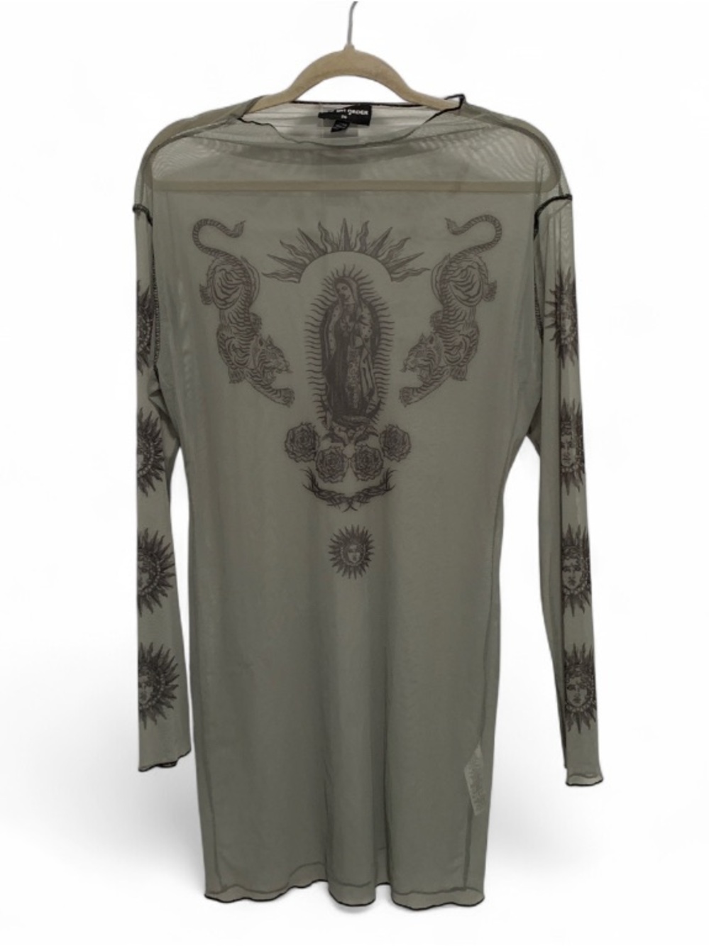 New Girl Oder Green Sheer Long-Sleeve Mesh Top with Graphic Motif